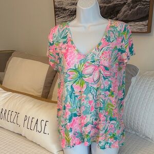 Lilly Pulitzer Pink, Teal & Green Floral V-Neck Short Sleeve Top